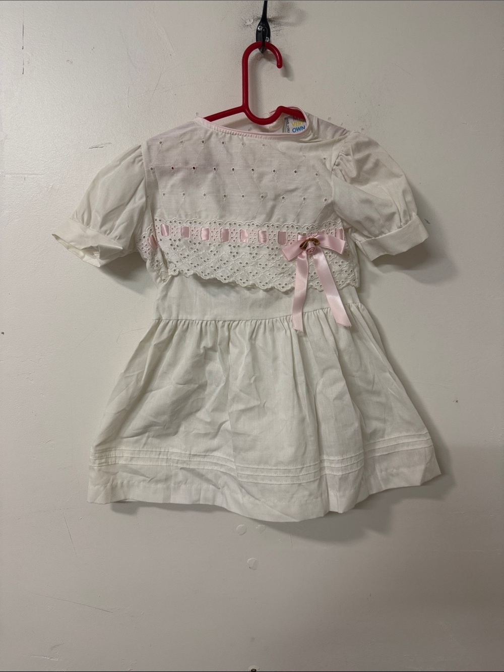 White & Pink Ribbon Lace Girls' Dress vintage